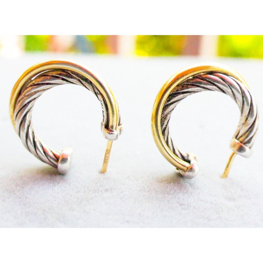 David Yuman 925 Sterling 750 18K Gold 17mm Crossover Cable Hoop Earrings 7.08g